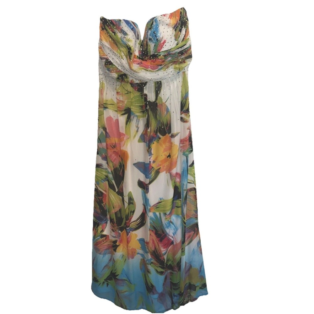 Cachet Elegant Floral Strapless Large Beaded Gown Tropical Summer Dress Layered